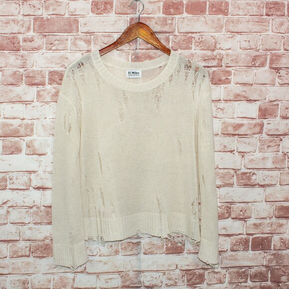 27 Miles Malibu Evalyn Distressed Crew Neck Sweater Beige - Picture 6 of 9
